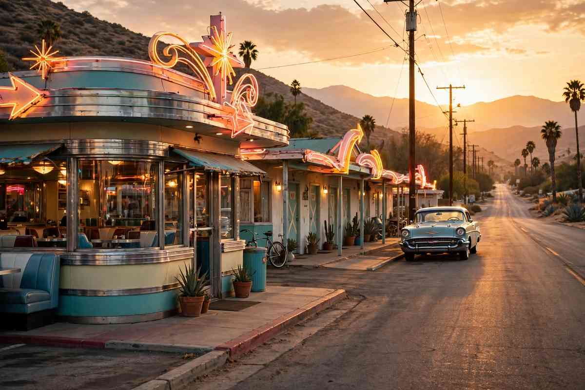 A Route 66 highway shield on the road in San Bernardino with the San Bernardino Mountains behind